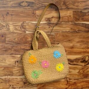 Woven Straw Floral Tote Bag with Colorful Embroidered Flowers
